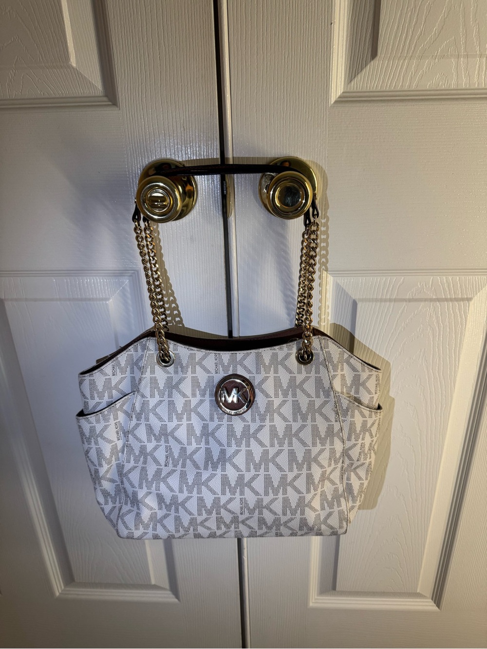 Michael Kors White and Brown MK Logo Chain-Handle Tote